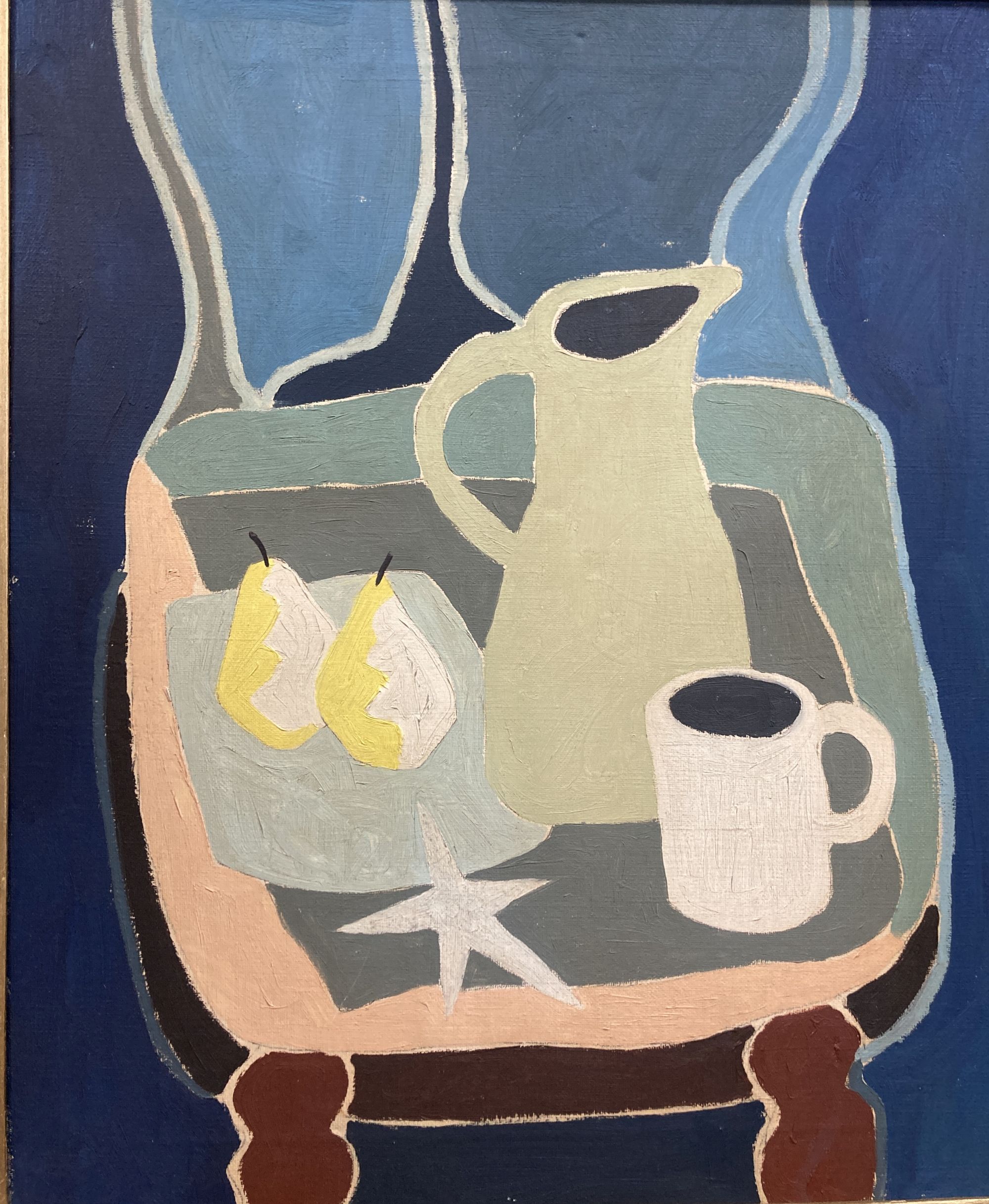 Modern British, oil on canvas, Stylised still life, 54 x 45cm